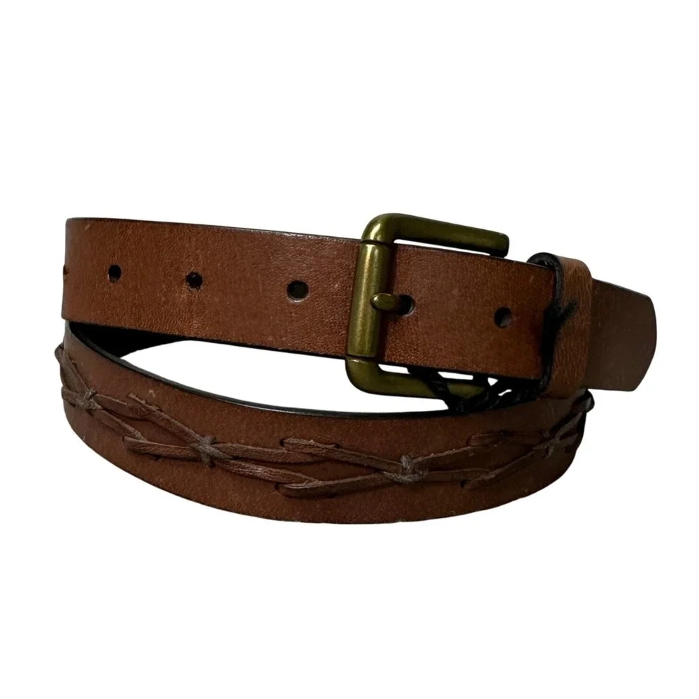 Genuine Leather Brown Belt Mens 42 Brass Buckle Textured Casual 1.5 Inch Wide